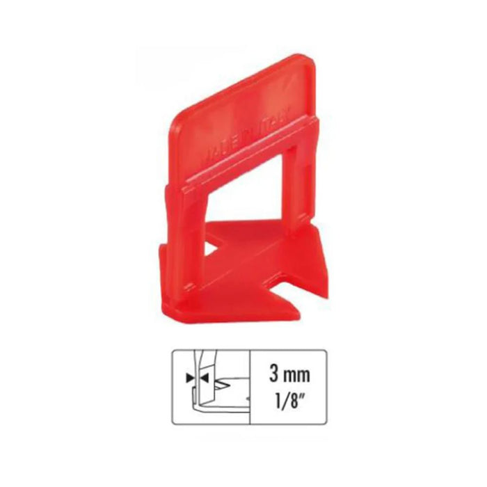 Red tile leveling clips with size marking 3 mm (1/8") on a leveling system