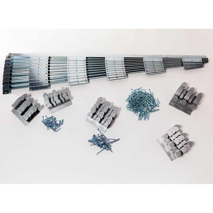 Point drain bracket system rails with fastening clips and screws