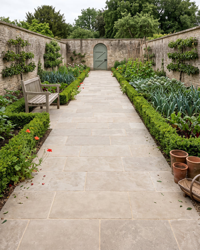 Riviera Limestone Tumbled paving laid as a wide path down a walled kitchen garden, box-edged beds of leeks, chard and artichokes either side and a sage green door in the far wall