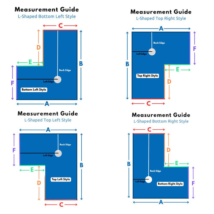 Rodkat L-shaped shower tray, bottom left (dimensions diagram, external shape)