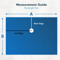 Rectangular shower tray measurement guide with labeled A and B edges and back/left references