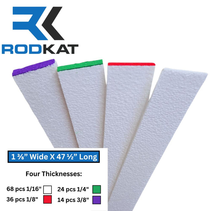 RodKat shim strips: white with colored edges, 1 3/8" wide, 47 1/2" long