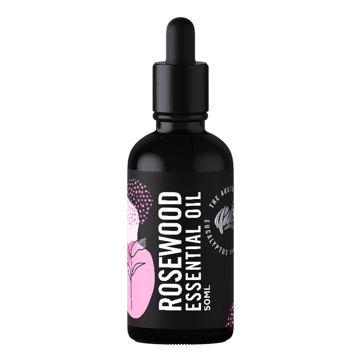 Rosewood essential oil 50ml black glass dropper bottle, front label