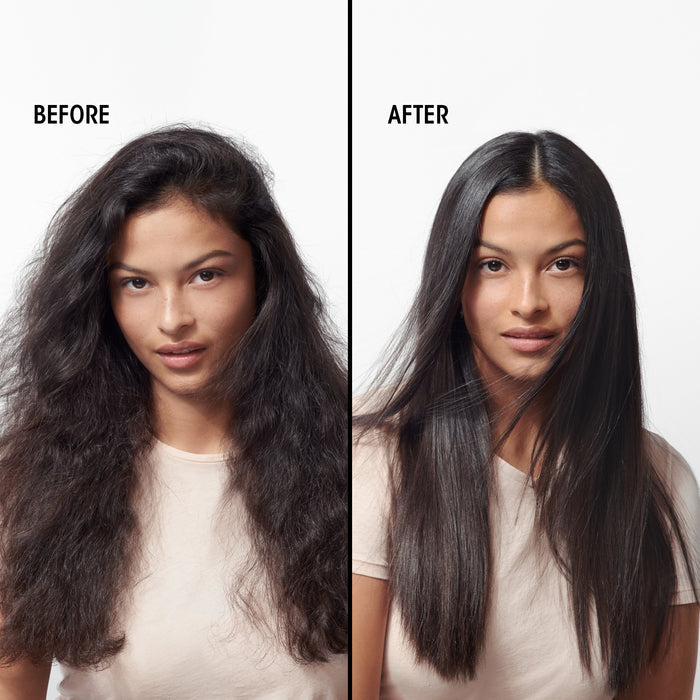 A side-by-side before and after comparison of a woman's hair. The left 'BEFORE' side shows frizzy, voluminous dark hair, while the right 'AFTER' side shows smooth, sleek, straight dark hair.