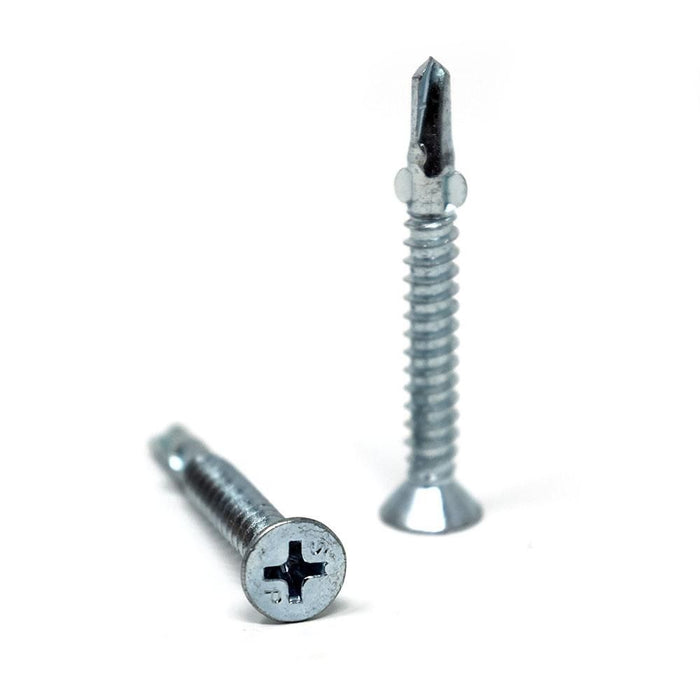 Self-drilling wood-to-metal screws, 1⅝ in, Phillips head, steel finish (2 shown)