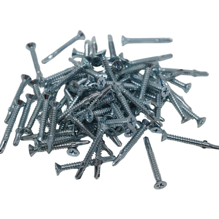 Self-drilling wood-to-metal screws, 1⅝ in, Phillips head, pile of steel screws
