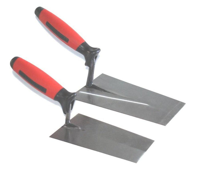 Two bucket trowels with red handles and steel blades, side-by-side