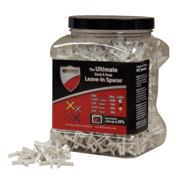 RTC Products cross tile spacers, leave-in spacer jar with white X-shaped pieces