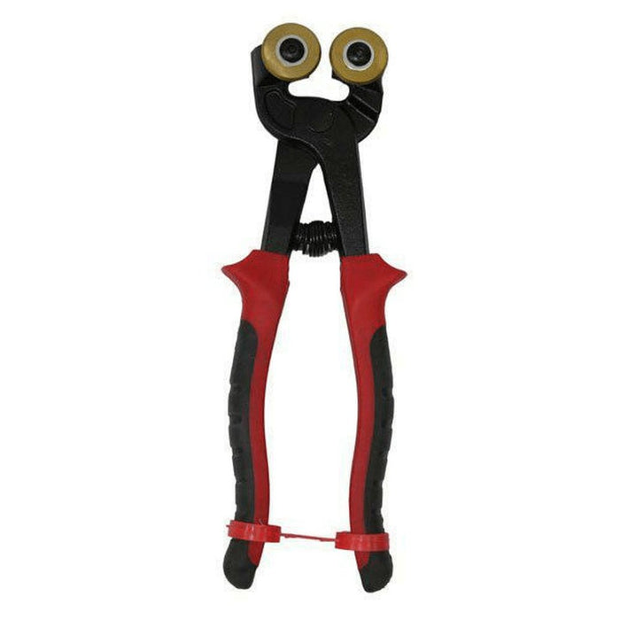Glass & mosaic tile nippers: red grips, black jaws with circular cutter wheels