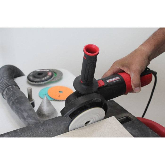 Dry polishing angle grinder with red handle tube and black housing
