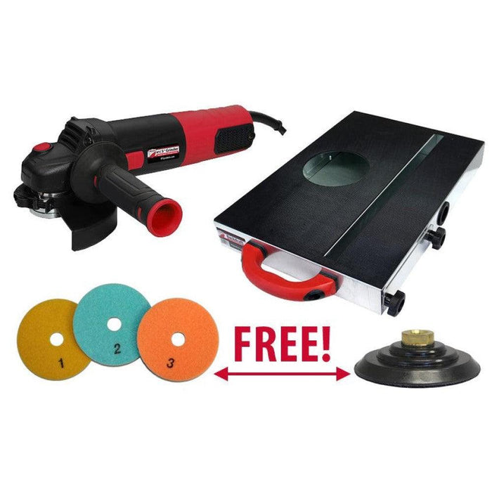 Dry polishing bundle with angle grinder, polishing pad, discs and additional backing.