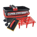 High Roller grout wash bucket with red base, roller frame, and red drain grid