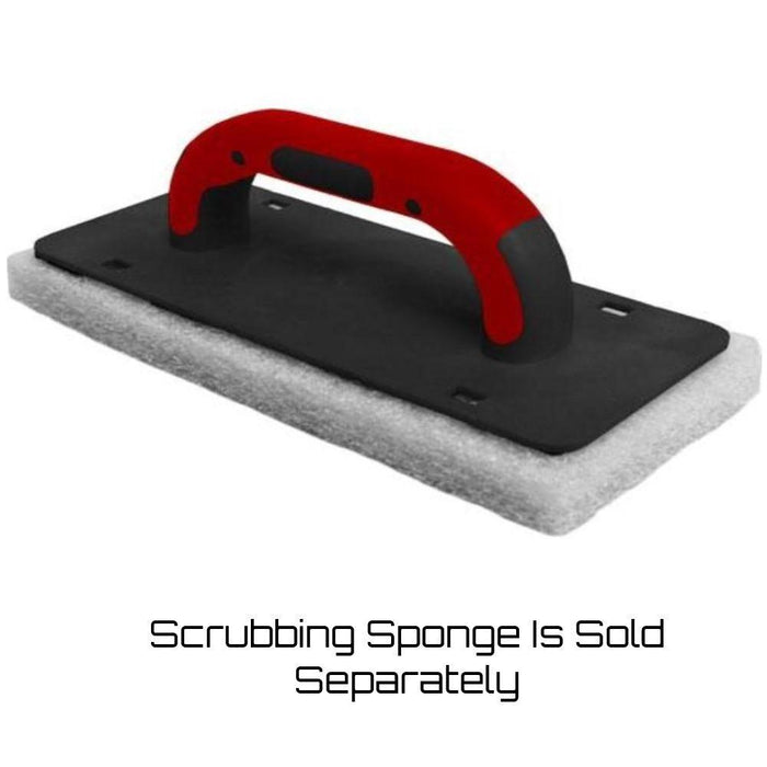 Scrub pad comfort handle on gray pad, black frame with red grip