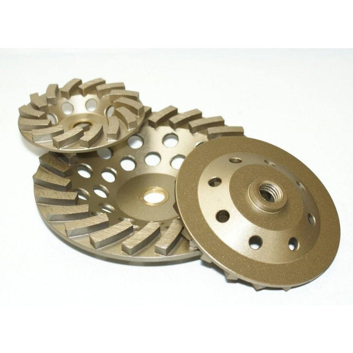 Segmented turbo fan cup diamond grinding wheels, two bronze discs with holes.