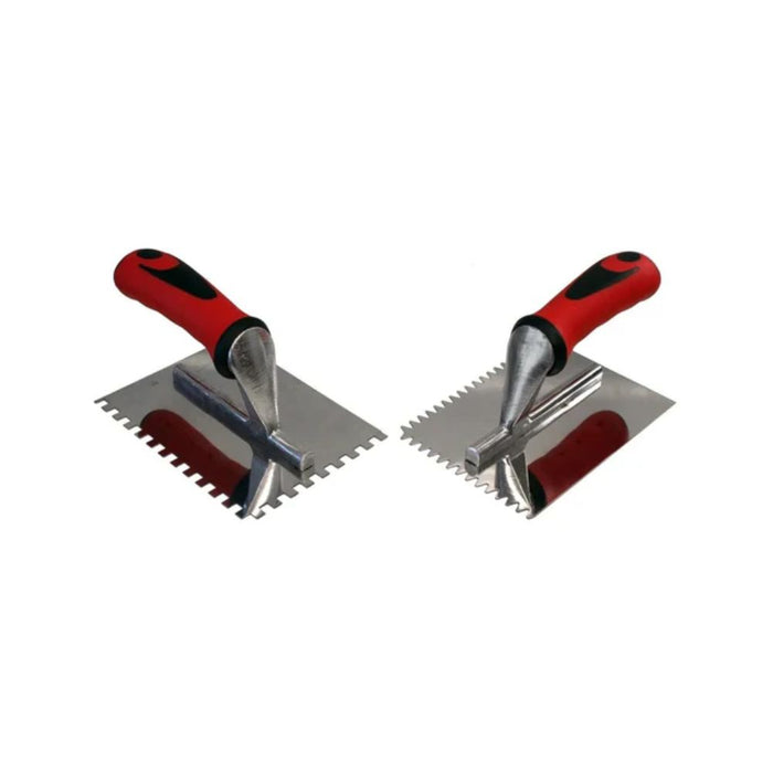 Mini trowel with red handle and metal notched blade, dual comb edges