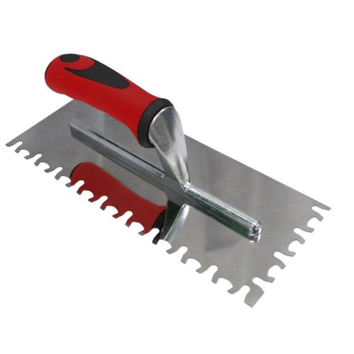 Tiger Euro Notch Trowel with red-and-black handle, gray notched metal blade