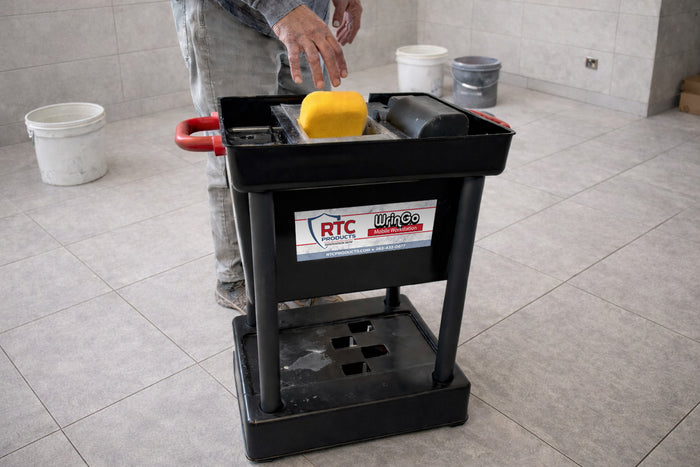 RTC Products WrinGo mobile workstation with open bin and yellow sponge