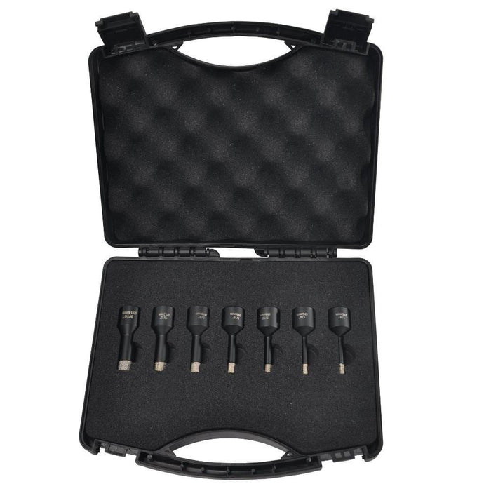 7-piece Dry Core drill bit set, black bits in a carrying case