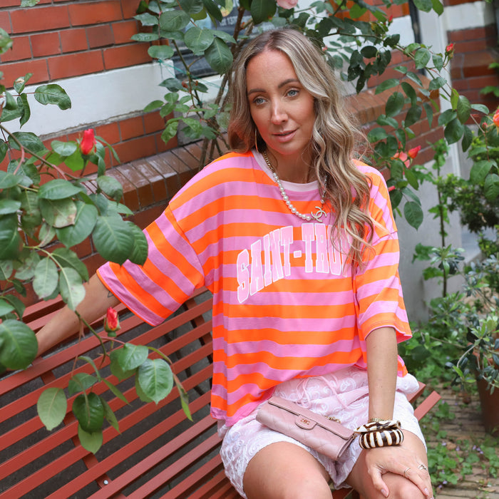 Saint tropez streep tee roze oranje