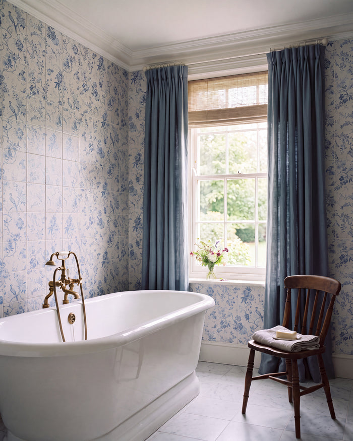 Sanderson Pillemont Toile China Blue Mural Porcelain tiling the walls of a country bathroom, with a freestanding roll-top bath, brass telephone taps and blue linen curtains at a sash window