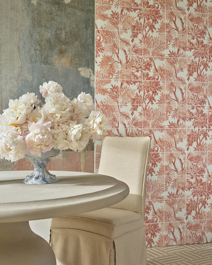 Sanderson - Pinetum Stripe Ochre Porcelain||Sanderson-Tapestry-Trees-Berry-Mural-Porcelain