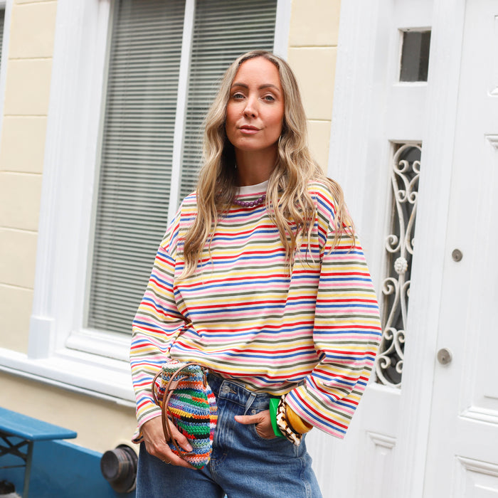 Shirt lange mouw wit multi kleur streep geel roze