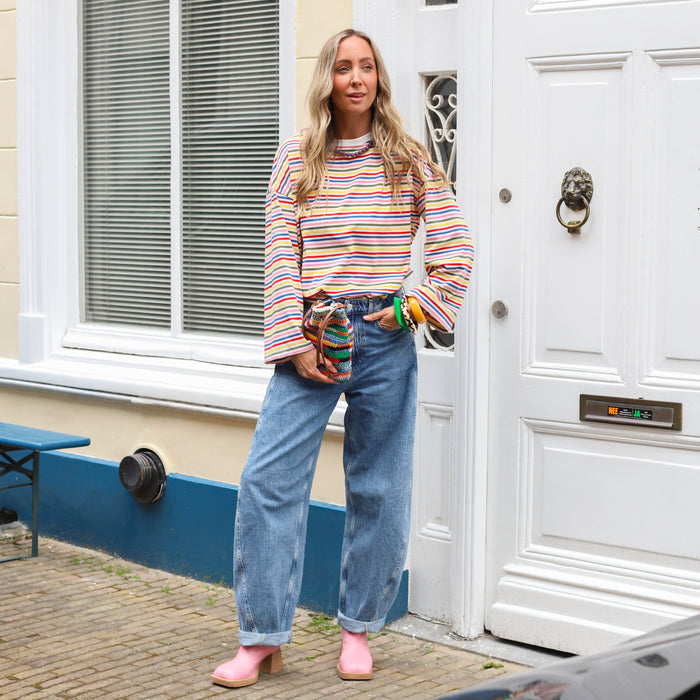 Shirt lange mouw wit multi kleur streep geel roze