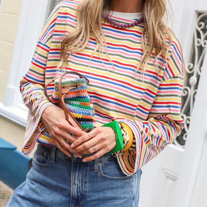 Shirt lange mouw wit multi kleur streep geel roze