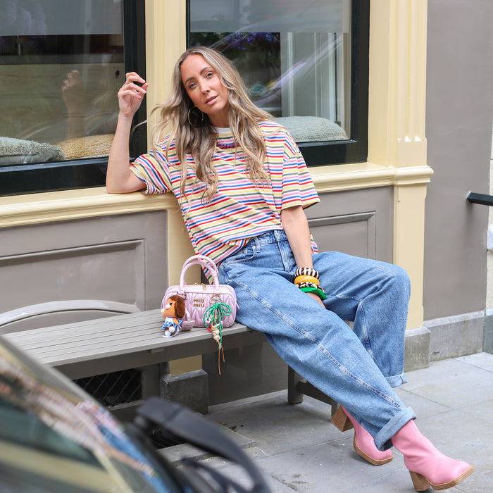 Shirt wit multi kleur streep geel roze