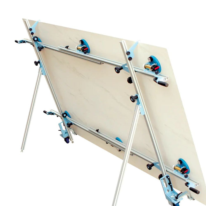 Sigma 424 tile cutter: Metal guides with blue clamping arms and adjusting wheels