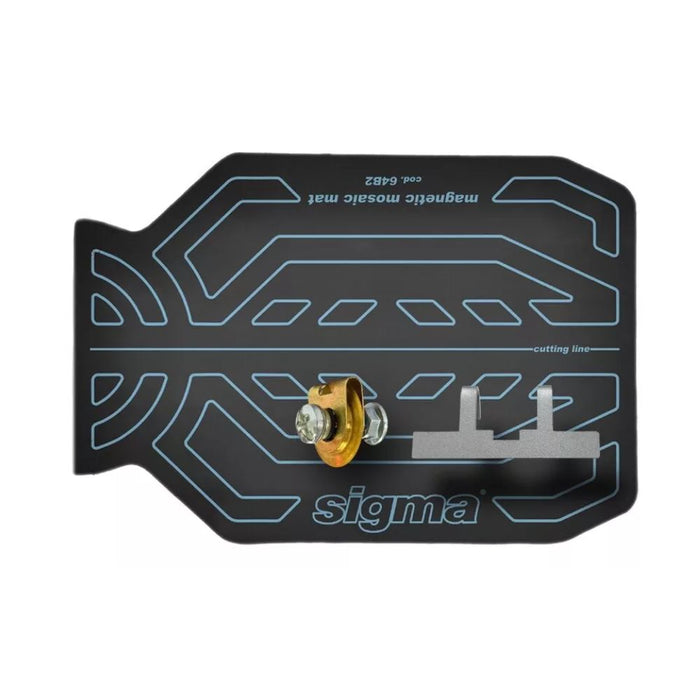 Black vinyl cutting template with brass-and-silver mounting hardware attached