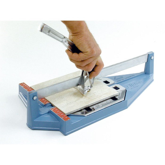 Sigma 7F 14" tile cutter with pull handle, guide rail, and base for scoring tiles