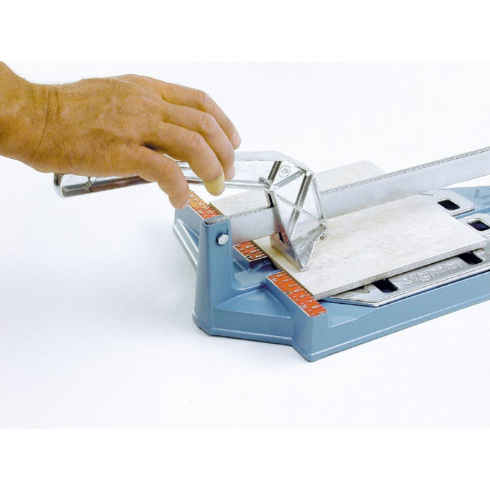 14" tile cutter with pull handle and guide strips over a tile on the base