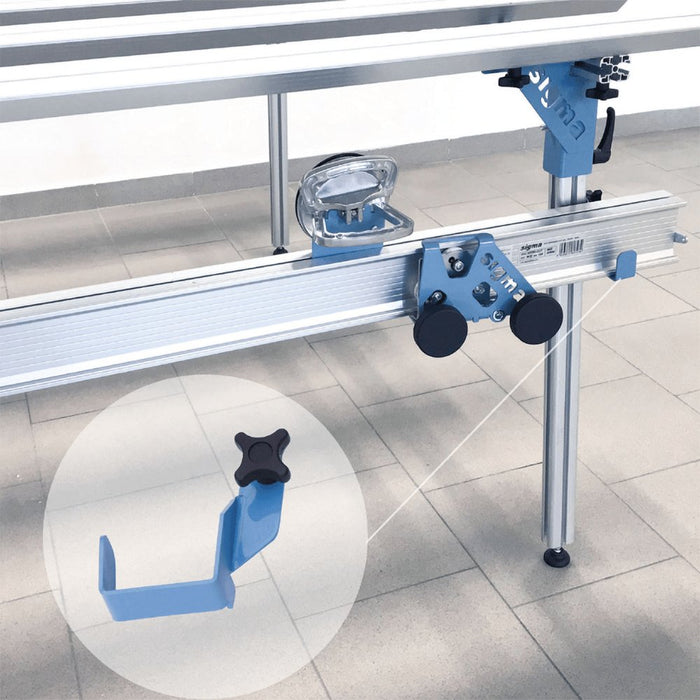 Blue support hook installed on Sigma workbench rail with black knob