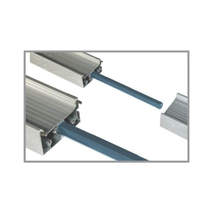 Thin panel tile cutter with metal rails and blue cutting handle