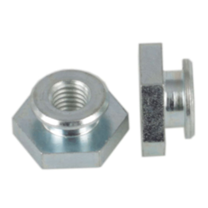 M8 hex nut with internal threads, angled side view
