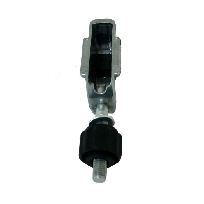 Rail end support underside view with black base and threaded mounting stud