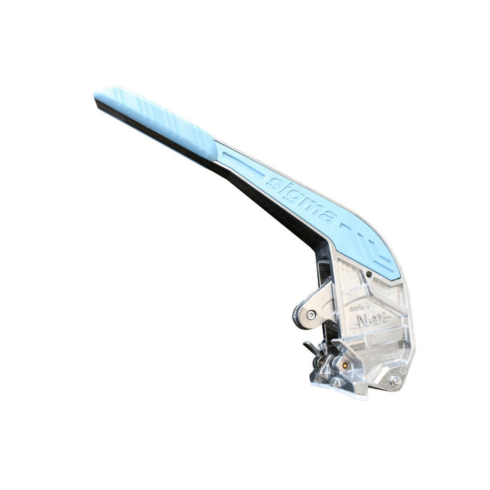 NEX cutter replacement handle side view, light blue grip, clear metal parts