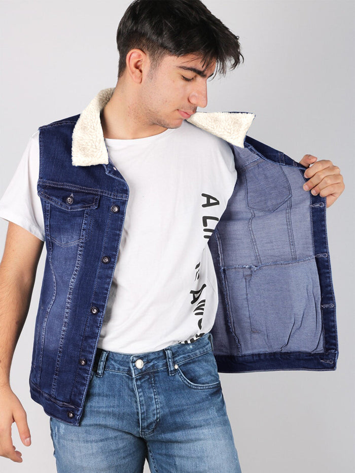 Sleeveless Plush Fur Denim Jeans Jacket For Men-Blue-BR204