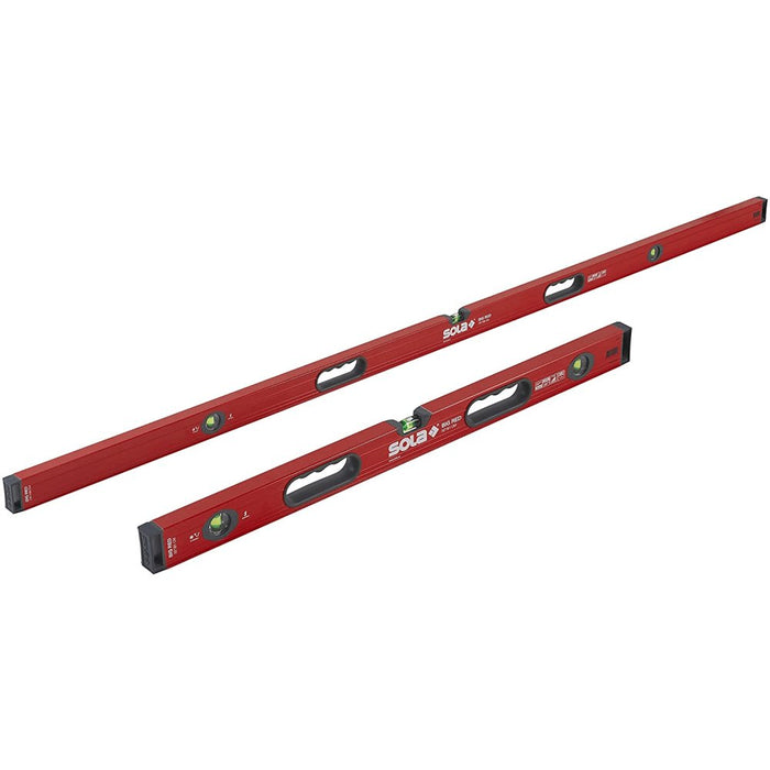 Red Sola box spirit level with green and amber vials, recessed carry handles