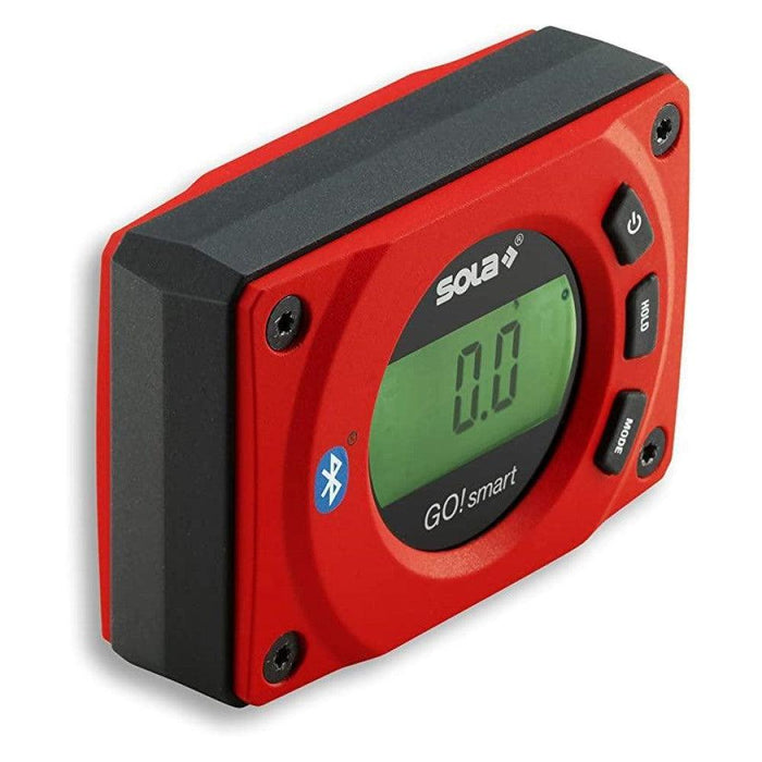 Sola Go digital pocket level with Bluetooth, red body, LCD showing 0.0°