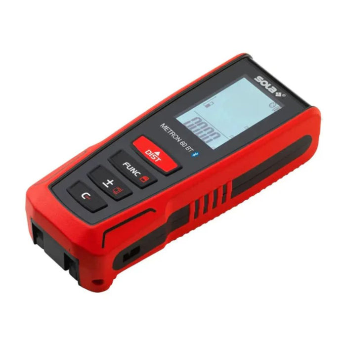Red and black handheld laser distance meter with keypad and display on top