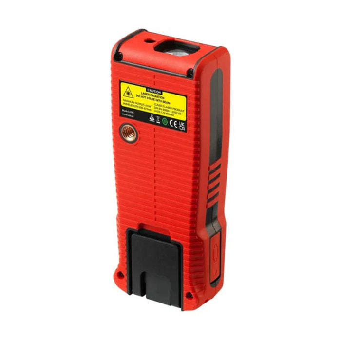 Laser distance meter back in red housing with caution label and threaded mount