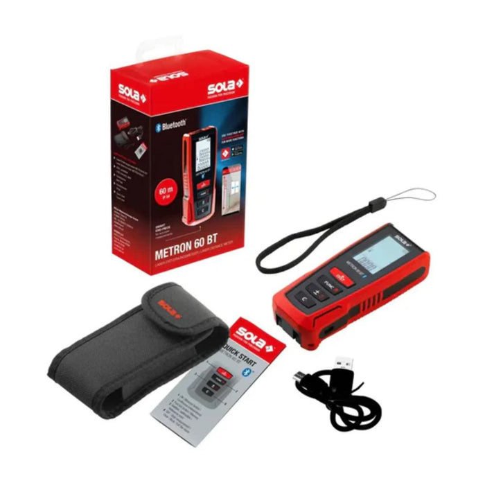 Laser distance measurer kit with red device, carry pouch, strap, cable, and box
