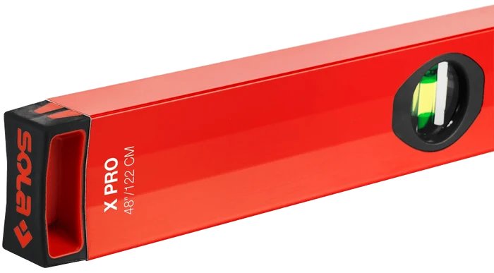 Red 48 cm X PRO spirit level with green vial indicator on the side