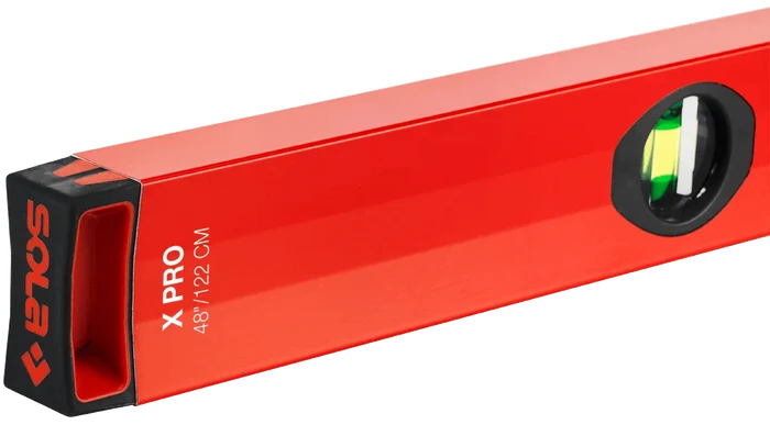 Red X PRO spirit level end cap with black side handle and printed sizing