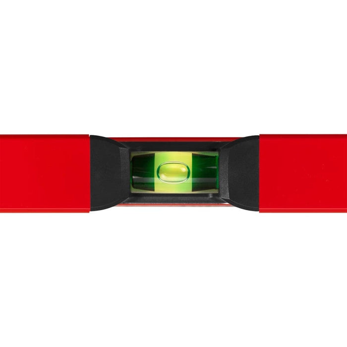 Centered view of spirit vial between black end stops on red level