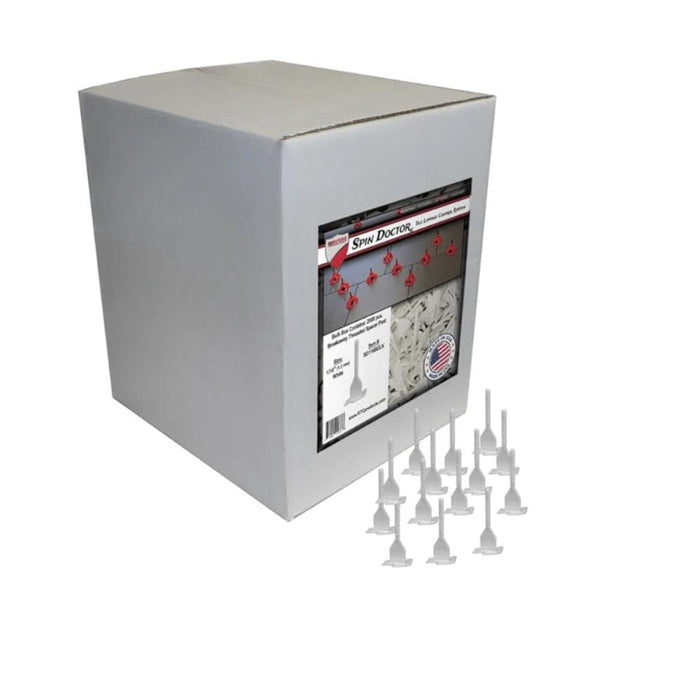 Tile leveling kit box with included plastic leveling bases and spindles