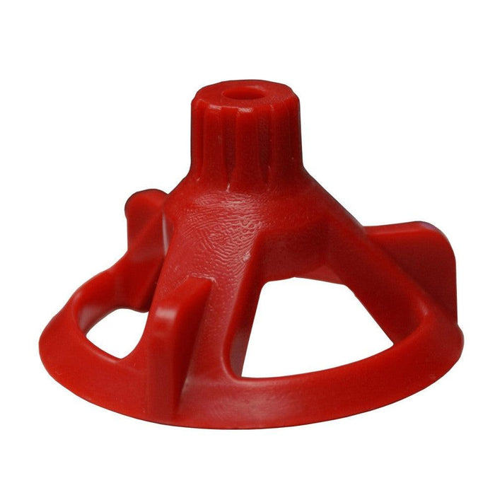 Red reusable tile leveling cap with three-peg cross design