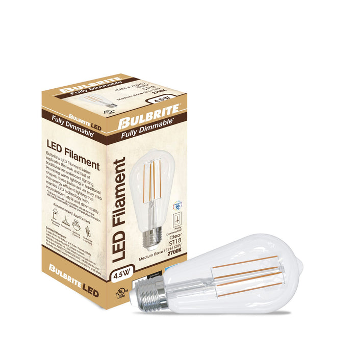 ST18 4.5W Dimmable Clear Filament LED Light Bulb with E26 Base, 2700K, 450 Lumens, 4-Pack
